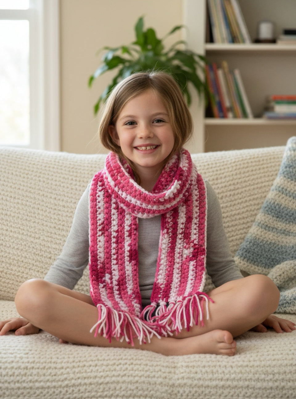 Sweetberry Swirl Kids Crochet Scarf – Handmade Child’s Winter Accessory, Soft Pink Striped, Cozy Gift