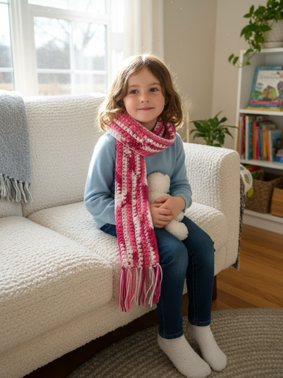 Sweetberry Swirl Kids Crochet Scarf – Handmade Child’s Winter Accessory, Soft Pink Striped, Cozy Gift