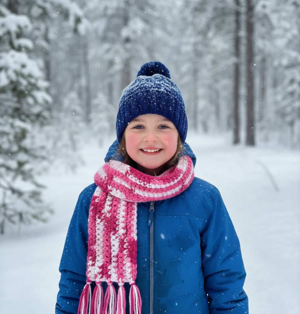 Sweetberry Swirl Kids Crochet Scarf – Handmade Child’s Winter Accessory, Soft Pink Striped, Cozy Gift