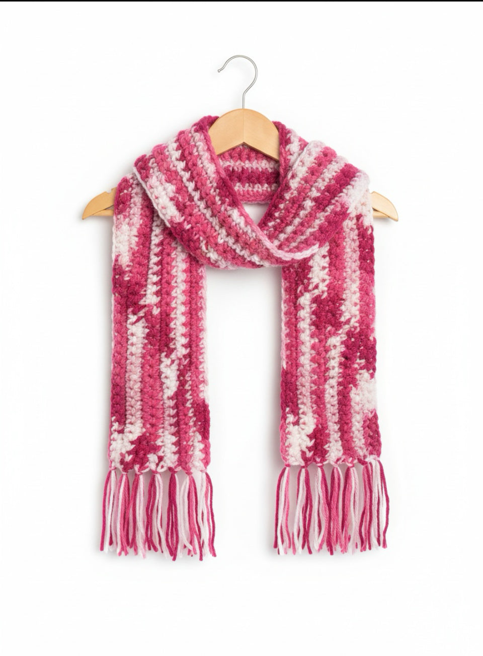 Sweetberry Swirl Kids Crochet Scarf – Handmade Child’s Winter Accessory, Soft Pink Striped, Cozy Gift