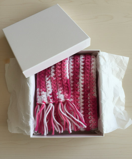 Sweetberry Swirl Kids Crochet Scarf – Handmade Child’s Winter Accessory, Soft Pink Striped, Cozy Gift